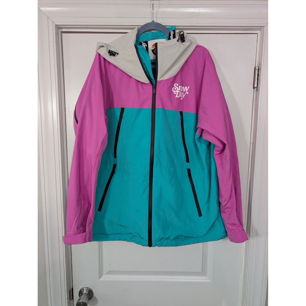 Snow Day Wind Jacket Color Block Pink Teal Zip Up Hooded XL snowboard ski‎